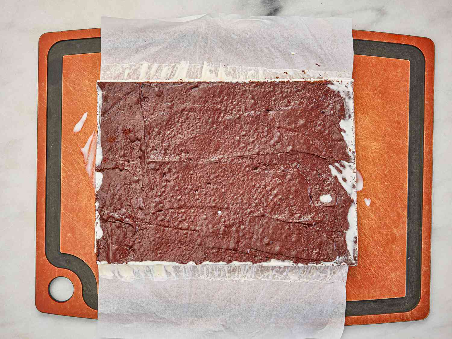 Overhead view of sandwiches flipped out of pan