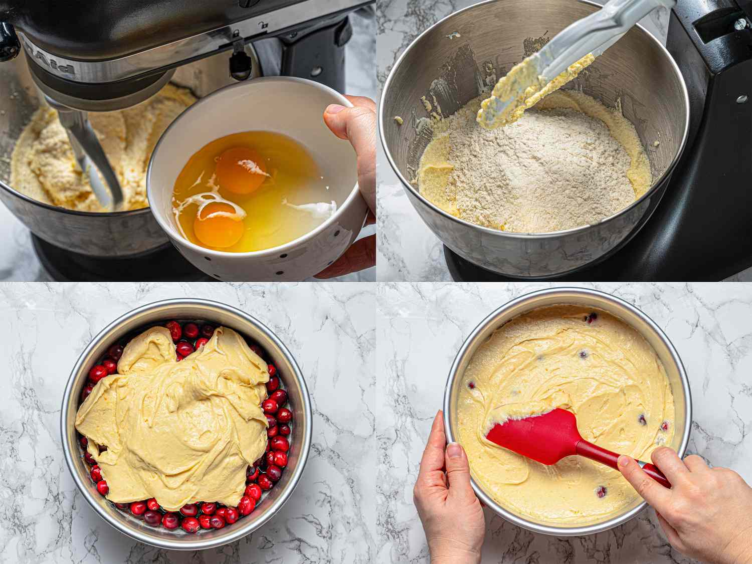 Steps of preparing cranberry upsidedown cake with batter and cranberries in a mixing bowl and pan