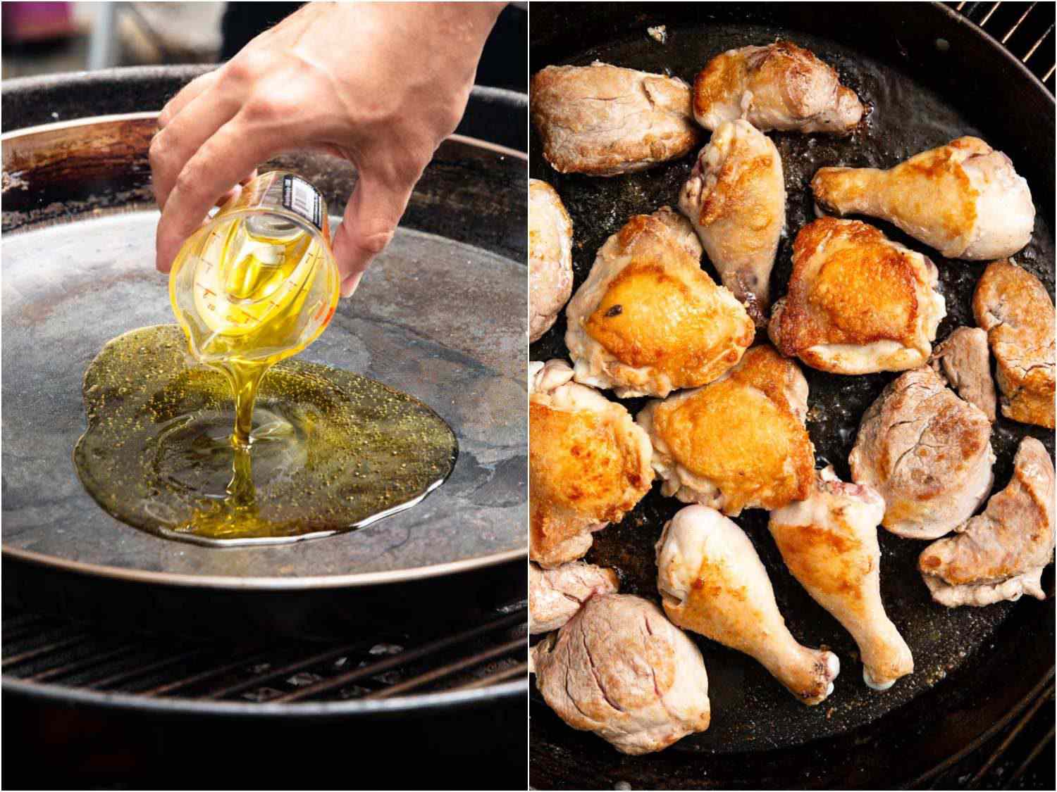 Side by side images showing adding oil to the paella pan, followed by pieces of chicken and pork loin.
