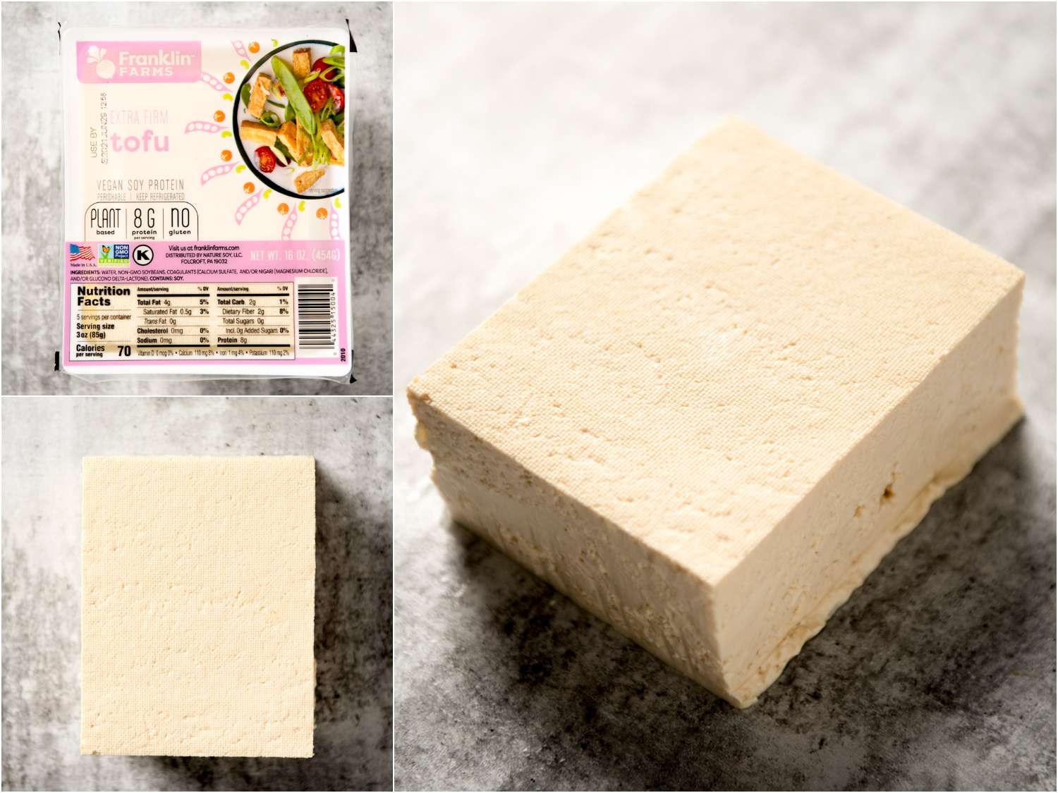 Collage of extra firm block tofu in packaging; unpackaged; side angle