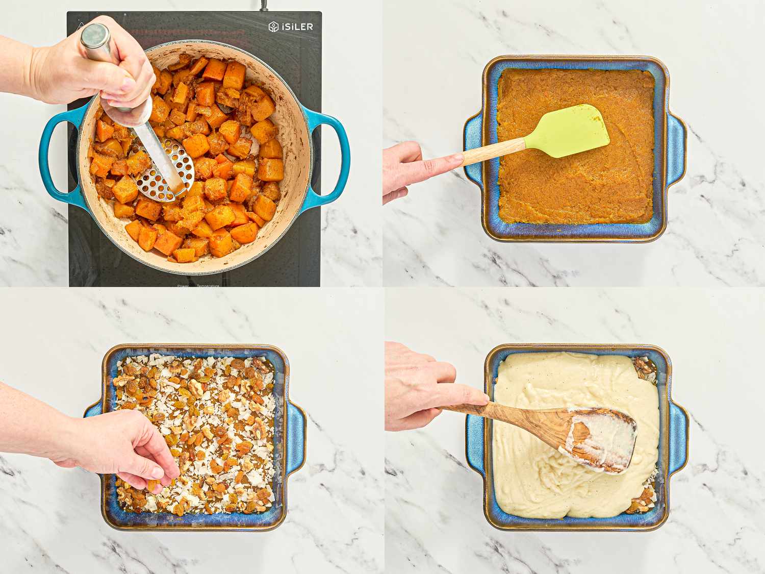 Steps in preparing a layered dessert including mashing ingredients spreading layers in a dish and adding toppings