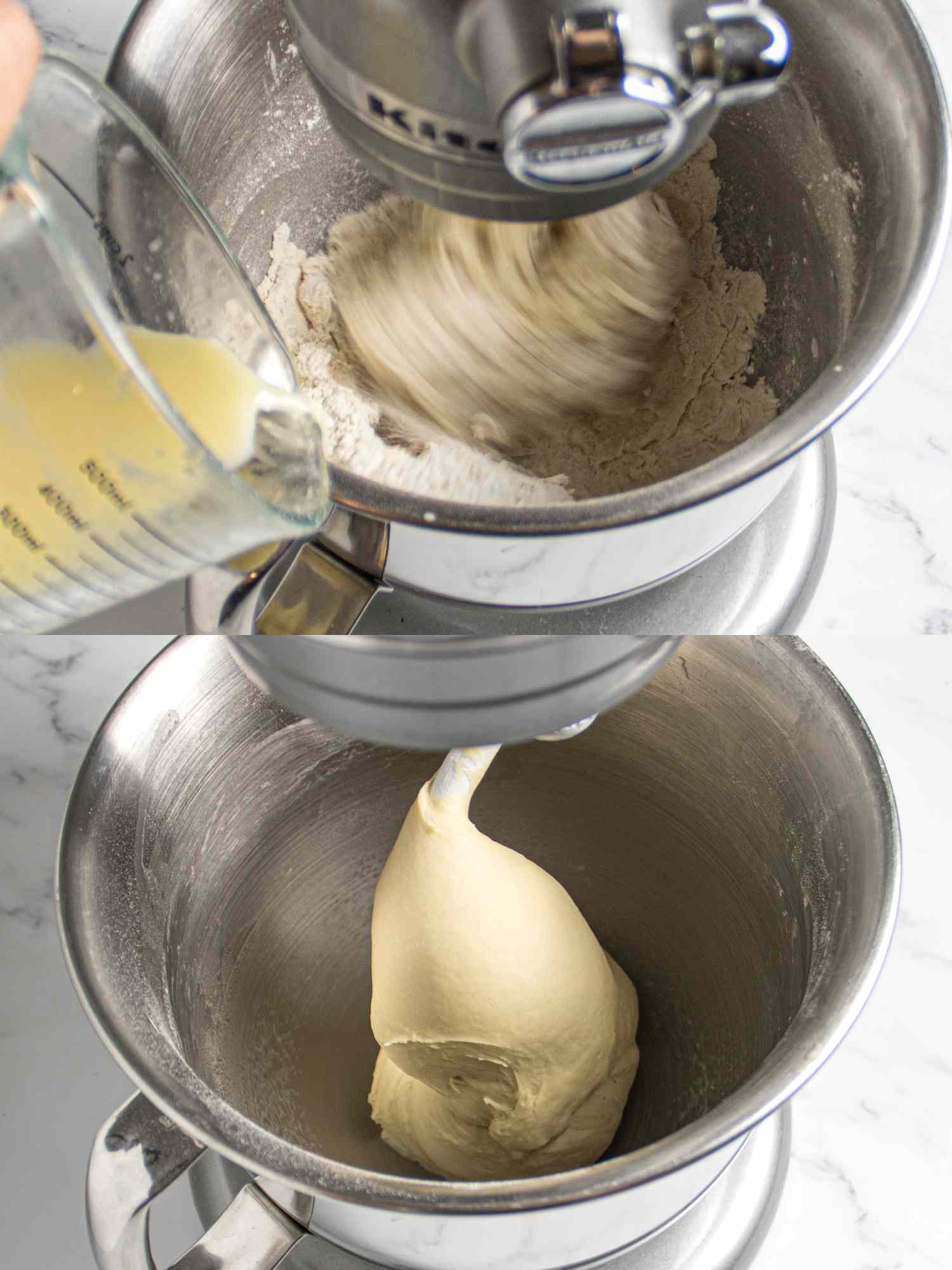 2 image collage. Top: Adding liquid mixture into dry mixture while it mixes in stand mixer. Bottom: Dough in stand mixer after fully mixed and dough is smooth 