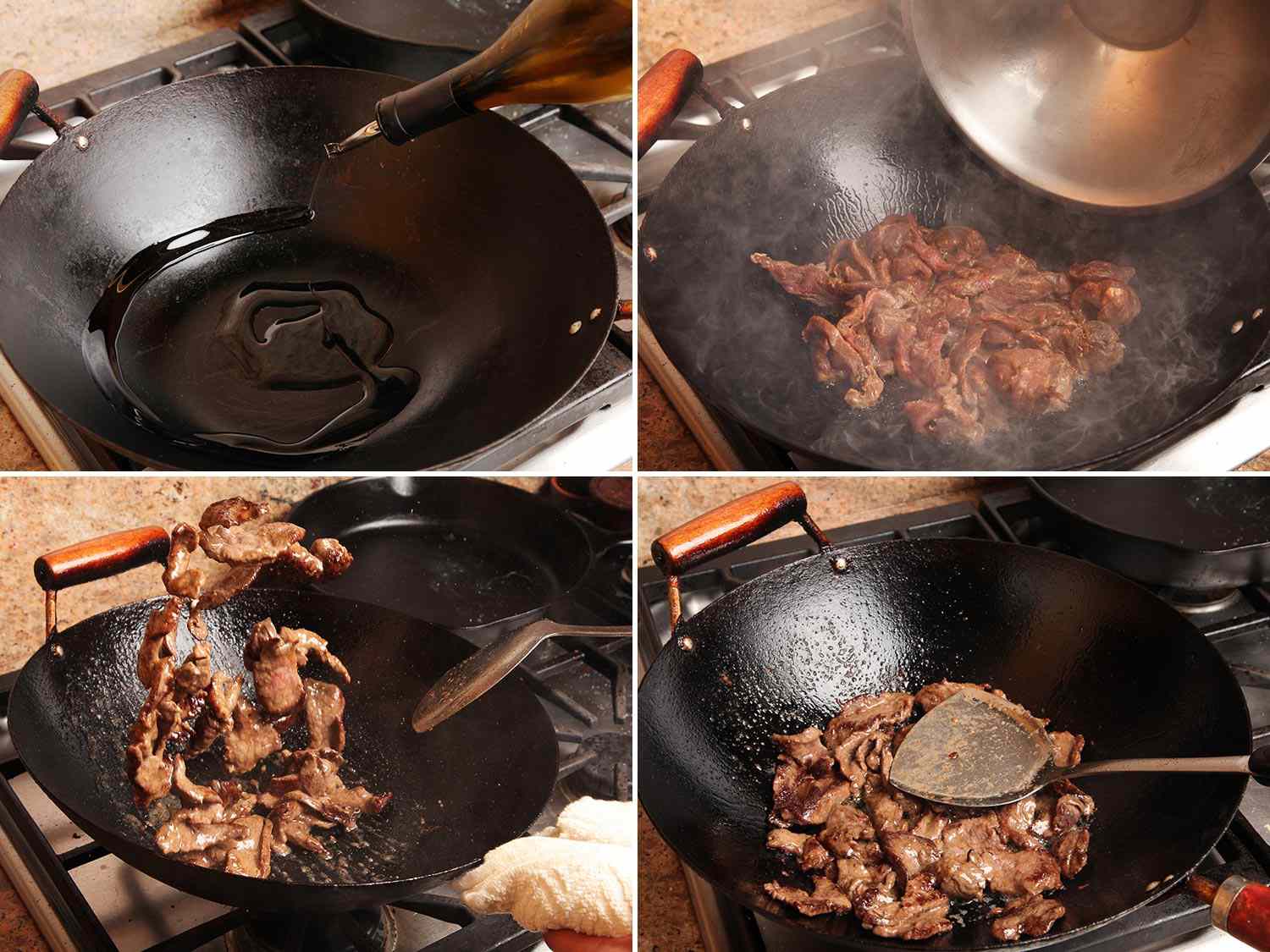 Collage of sliced beef being stir-fried in a wok.