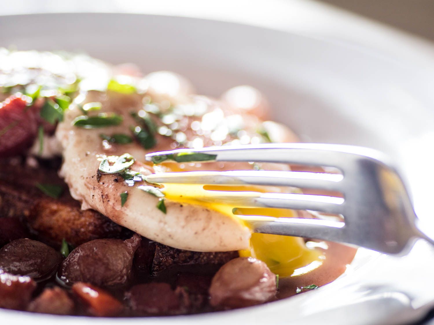 Close-up of fork breaking into yolk of poached egg. 