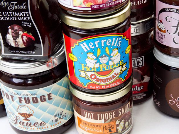 Jars of different brands of hot fudge sauces