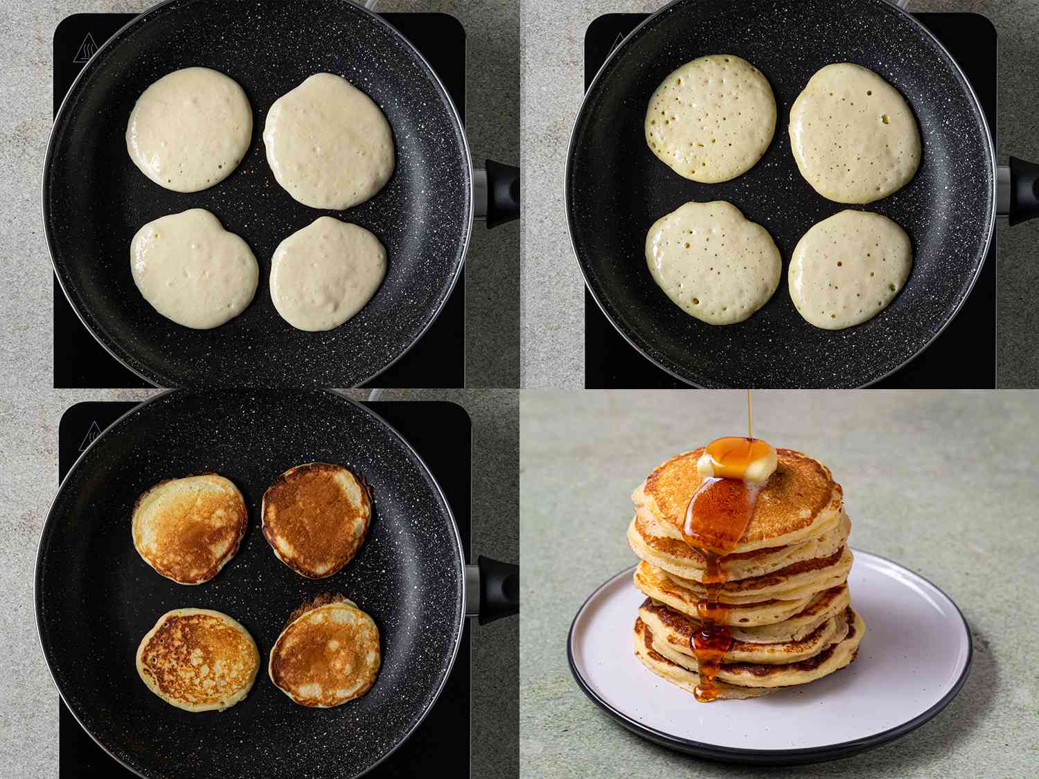 Collage showing stages of pancakes being cooked in a pan, then cooked pancakes in a tall stack topped with butter and drizzled with maple syrup
