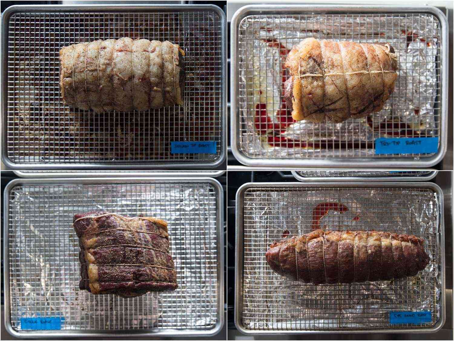Overhead view of four cuts of slow roasted beef before searing.