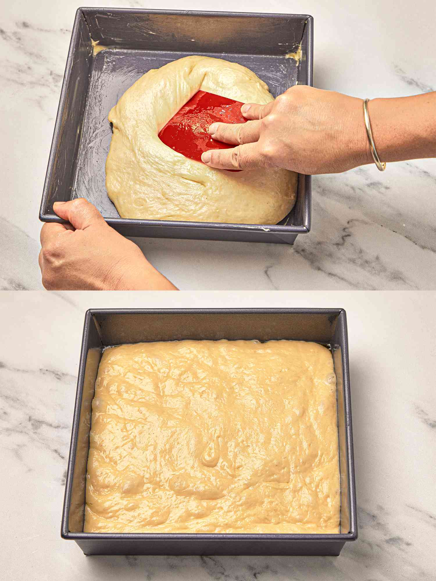 Two image collage of adding batter to greased pan and dough proofed