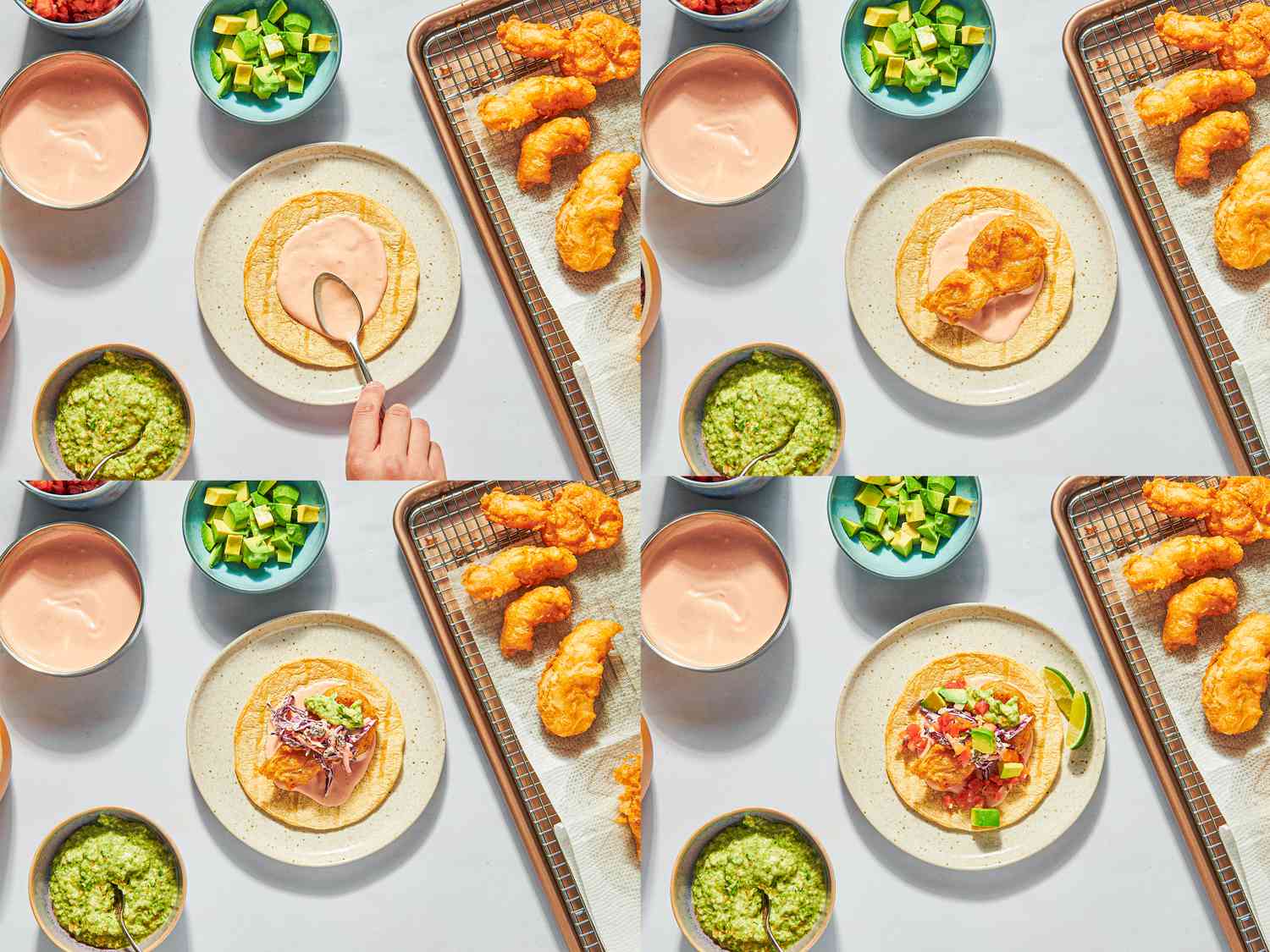 Four image collage of assembling tacos