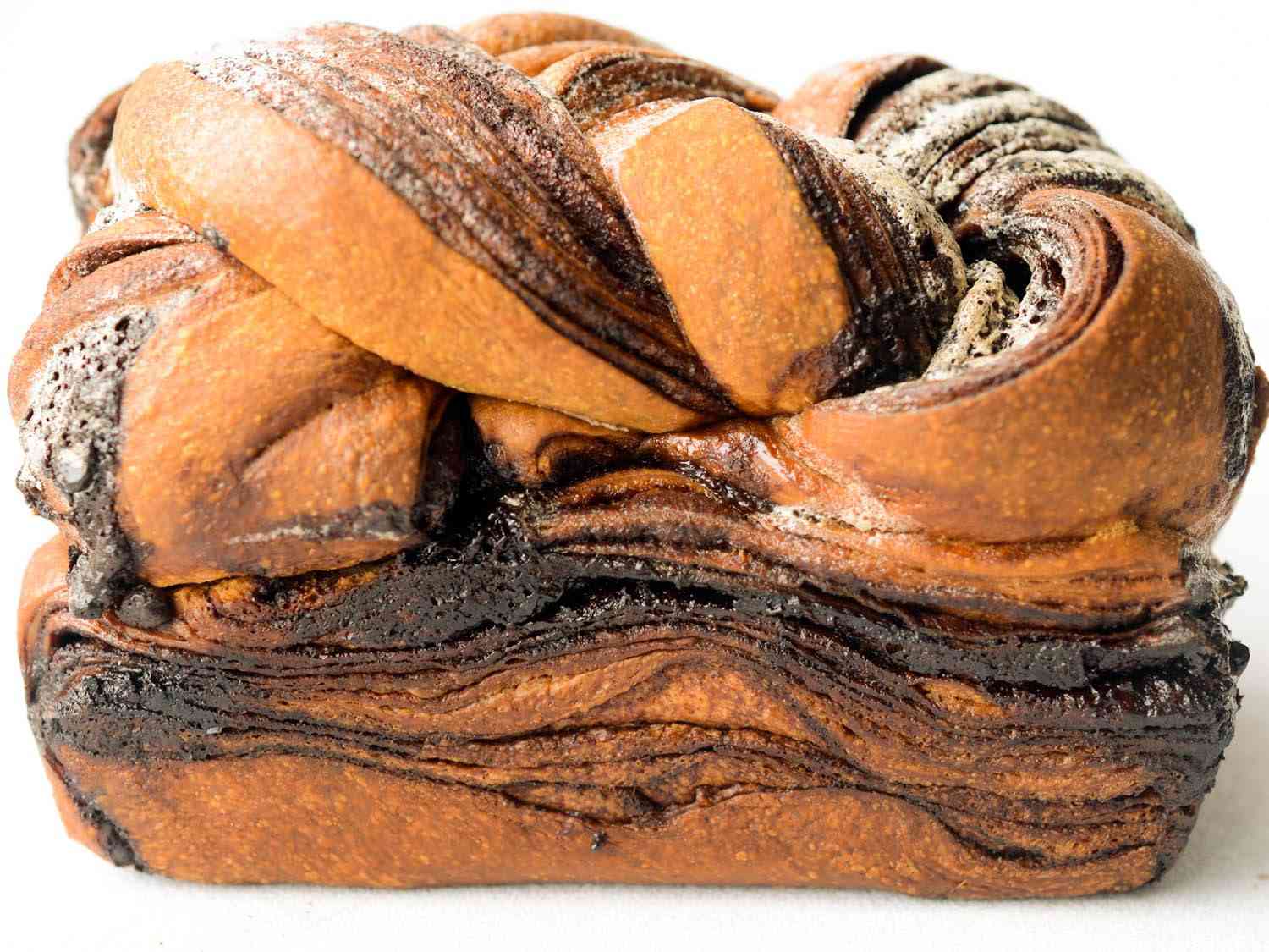 Up close photo of side of chocolate babka.