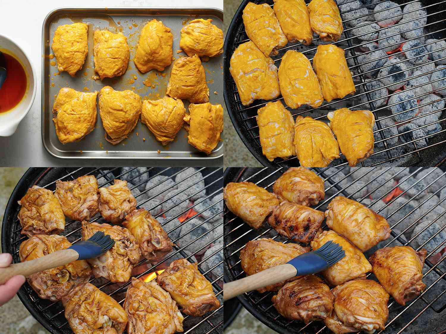 Four Image Collage. Top Left: Chicken on a baking sheet brushed with anatto oil. Top Right: Chicken on one side of the grill. Bottom Left: Brushing more oil on flipped chicken. Bottom Right: Chicken flipped again with more oil being brushed on it.
