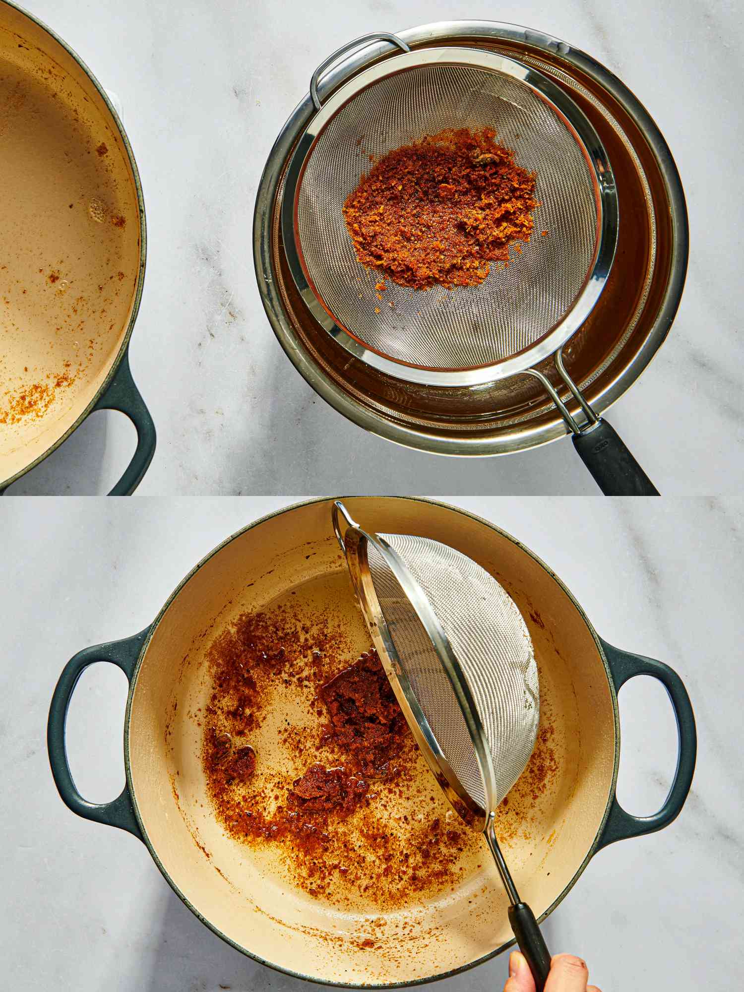 2 image collage. Top: Straining lard into a metal bowl. Bottom: pouring solids from sieve into dutch oven. 