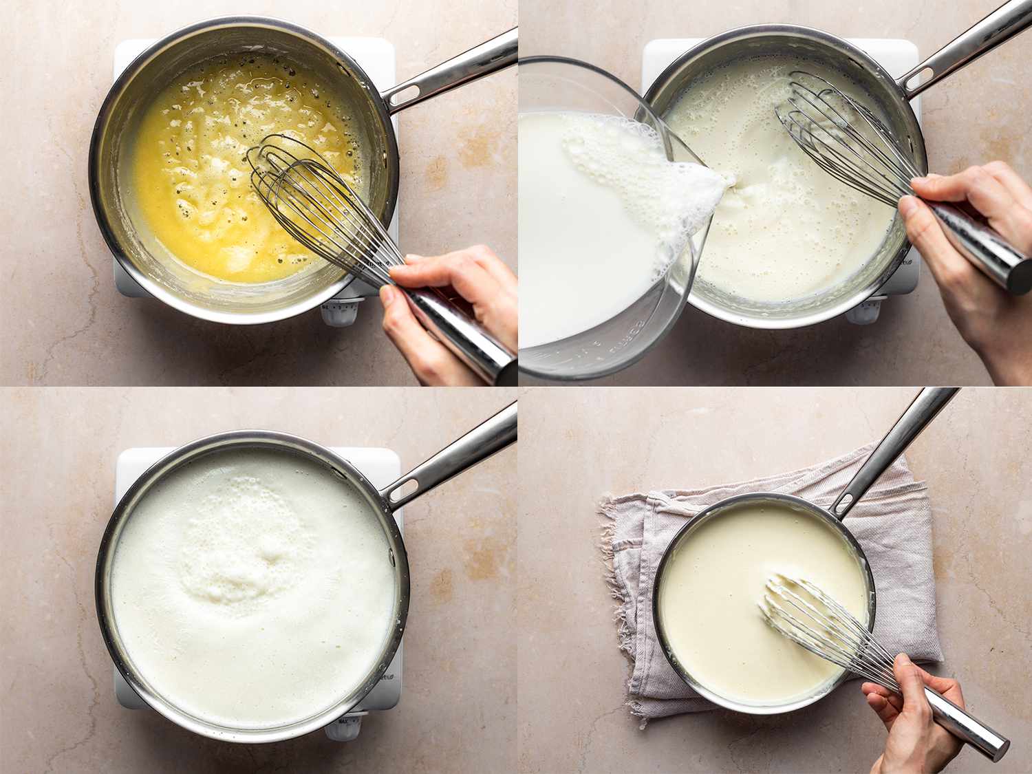 A collage showing the white sauce being made. 