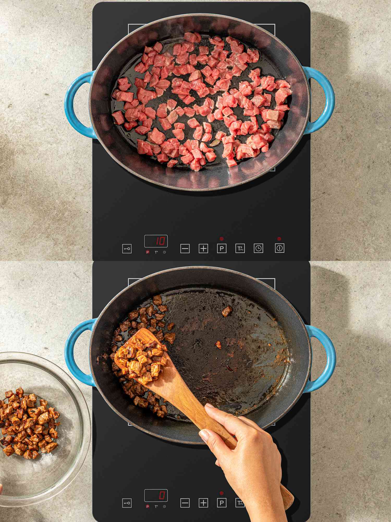 Two image collage of cooking meat and removing from dutch oven