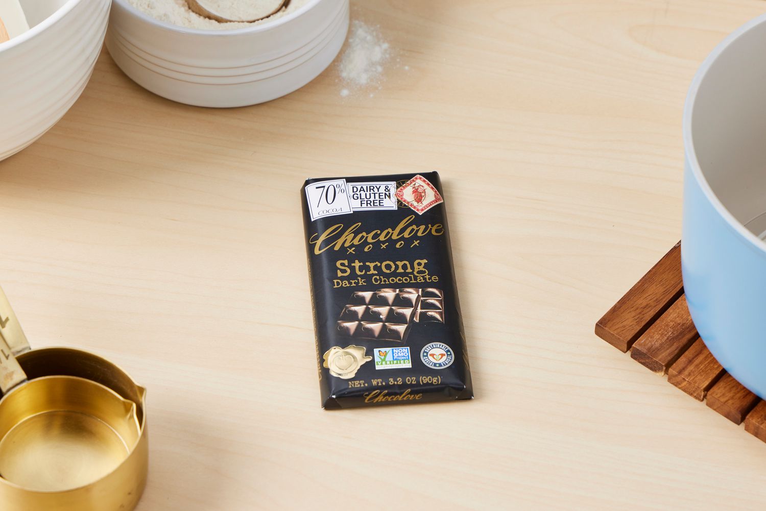 A Chocolove chocolate bar on a kitchen countertop.