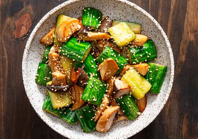 Overhead view of wok stir fried vegetables