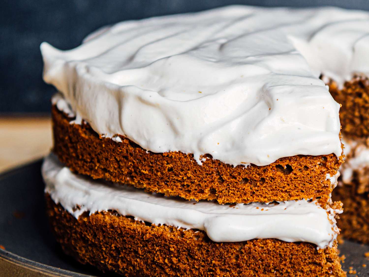 a layer cake with aquafaba meringue frosting