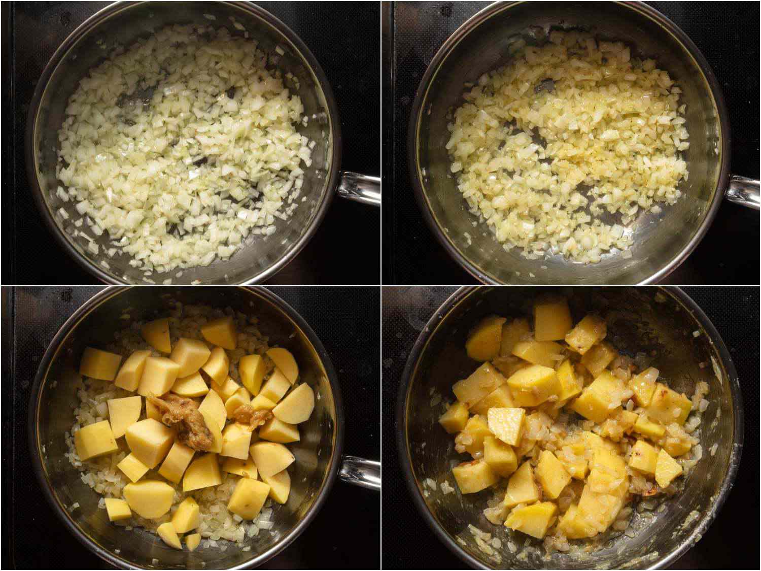 collage: sweating onions; potatoes and roasted garlic added; everything mixed together