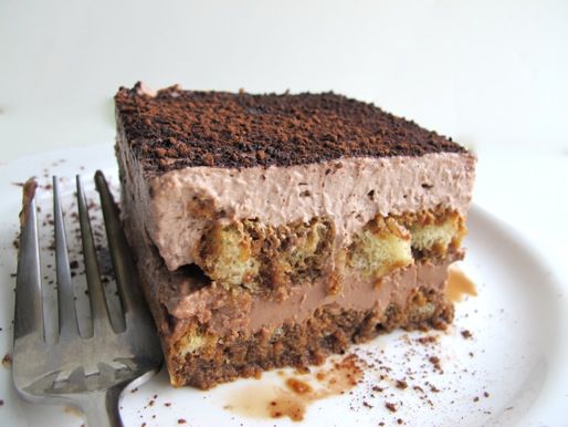Closeup of a slice of easy chocolate tiramisu.