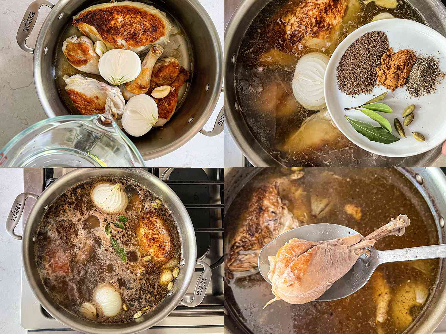 Boiling chicken with spices in a stock pot.