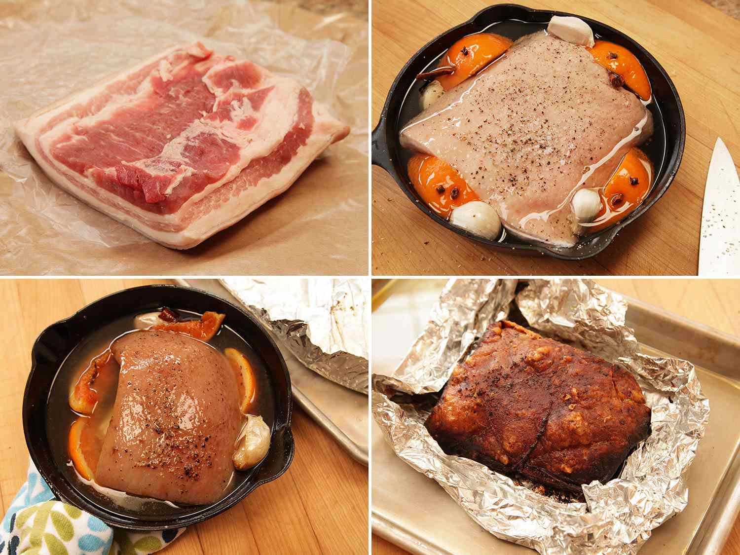 A collage of four images showing cooking the castacán: a raw 2-pound portion of pork belly is laid on a cutting surface, arranged in a cast iron skillet with oil and aromatics, baked to cook through, and then crisped in a hot oven.