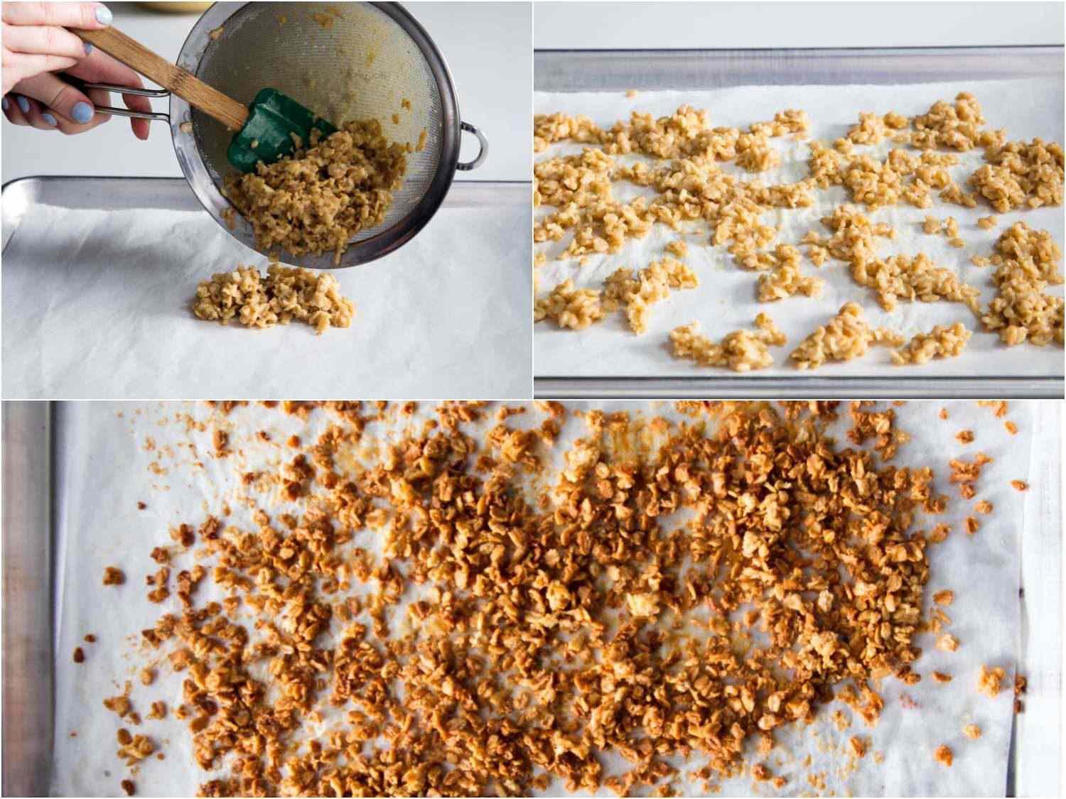 A 3-image collage: straining oats from a strainer to a baking sheet and baking the oats until brown and well toasted.