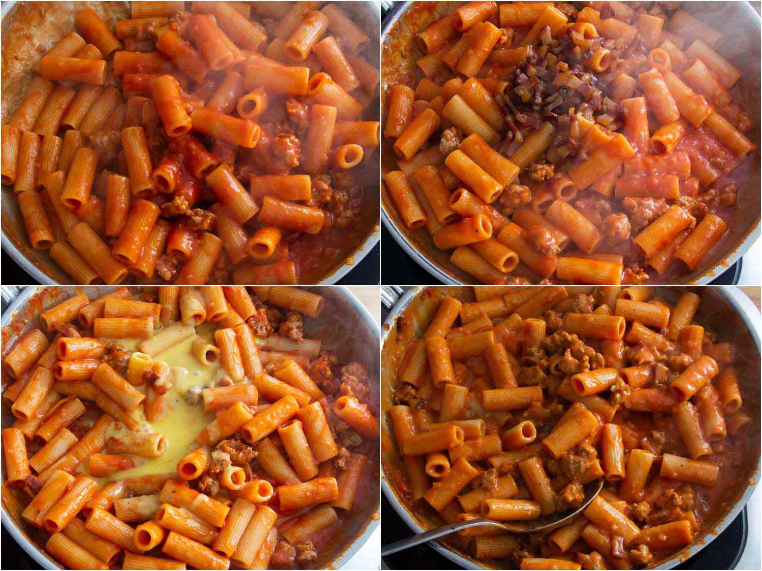 A four image collage. The top left shows pasta cooking in the sausage sauce mixture. The top right shows guanciale being added. The bottom left shows an egg yolk being added. The bottom right shows all of the ingredients being mixed together. 