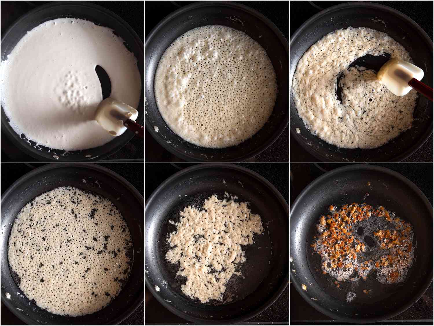 collage: stages of coconut cream being cooked in a nonstick skillet, fat separating out, curds being made and fried