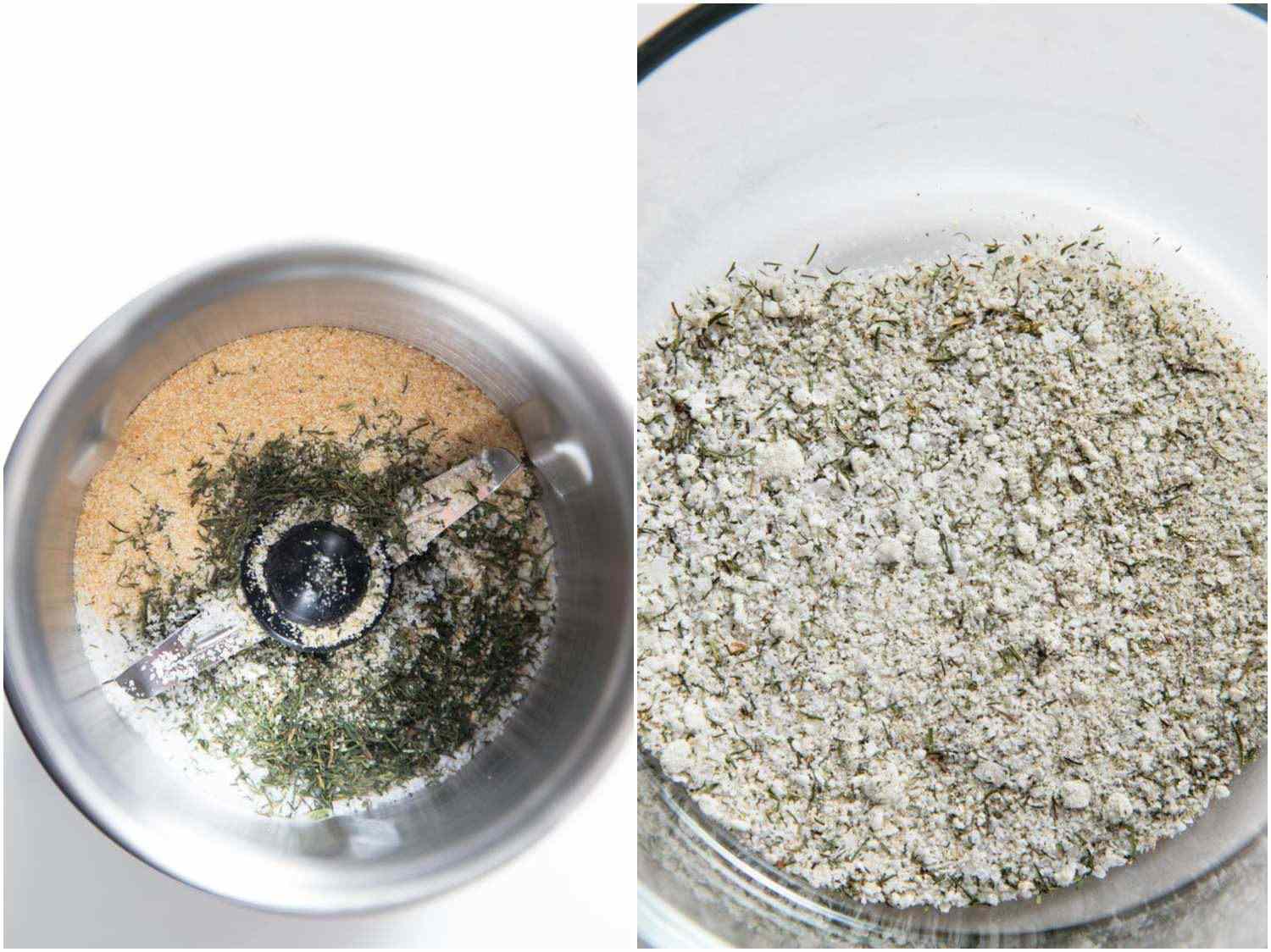 Kosher salt, garlic powder, onion powder, and dill blended together