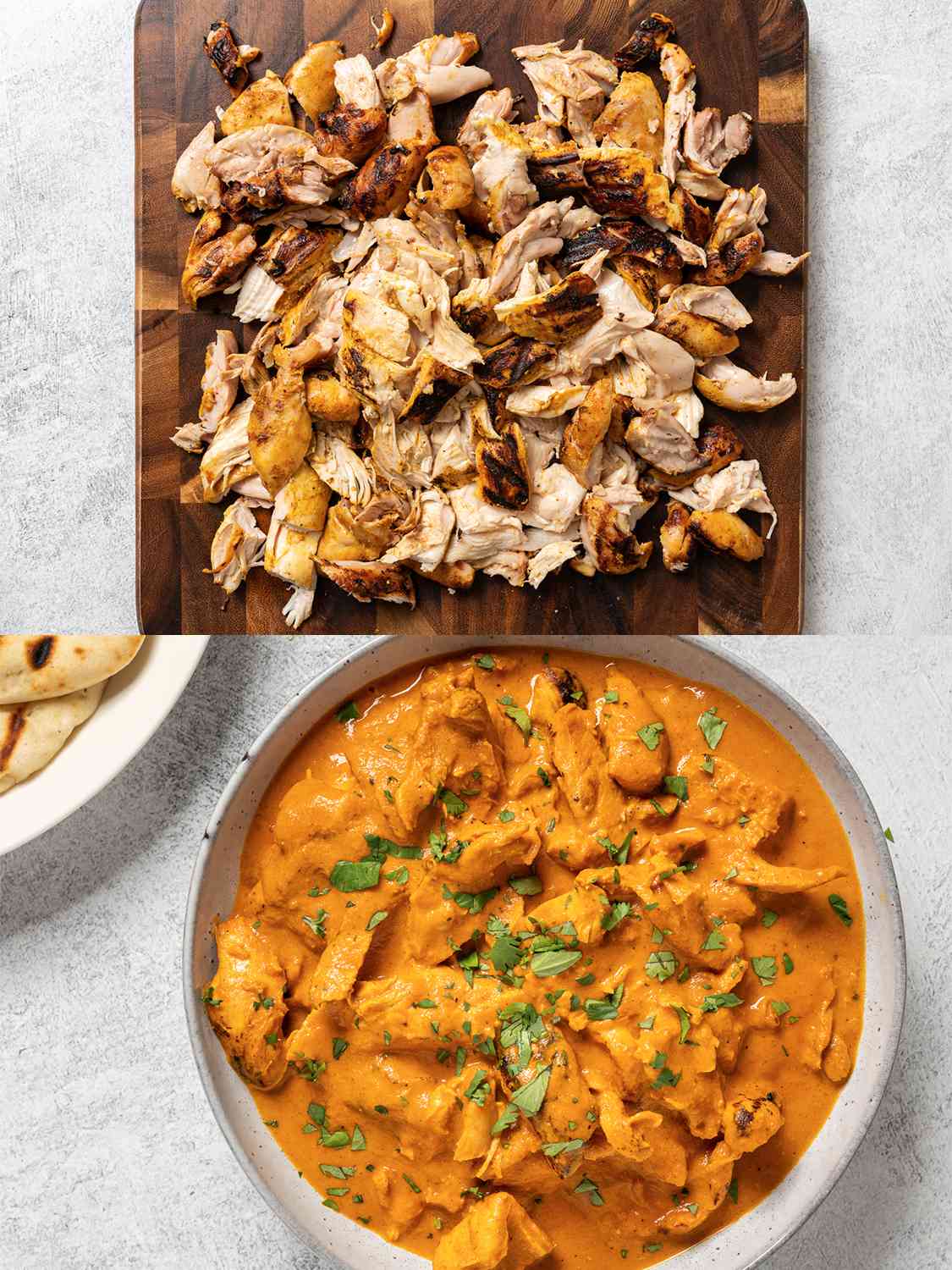 A two-image collage. The top image shows the chicken meat, cut from the bones, placed on a wooden cutting board. The bottom image shows the now fully composed chicken tikka masala in a serving bowl, sprinkled with cilantro.