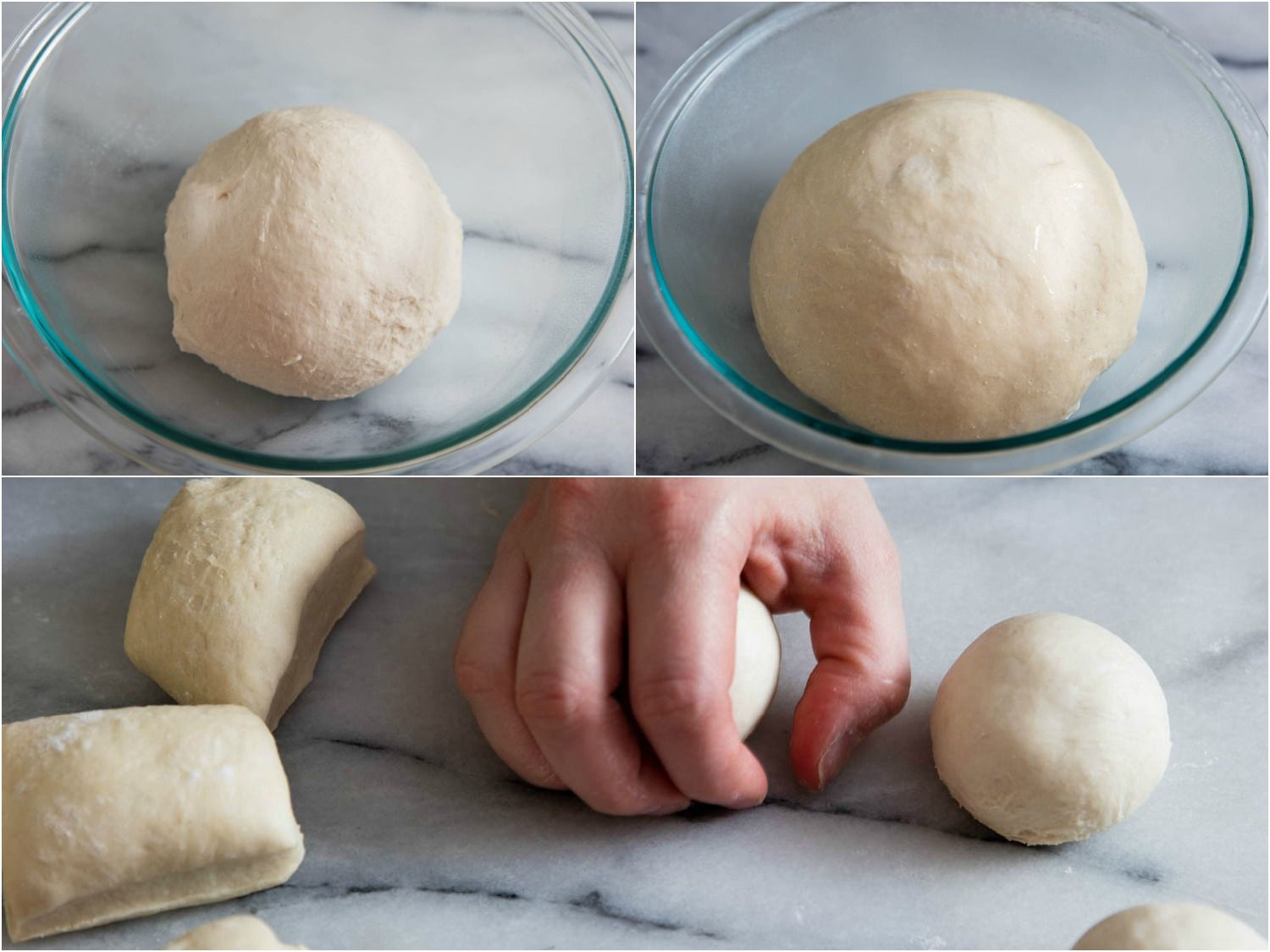 A collage: dinner roll dough before and after the rise, using the palm to shape the dough into balls. 