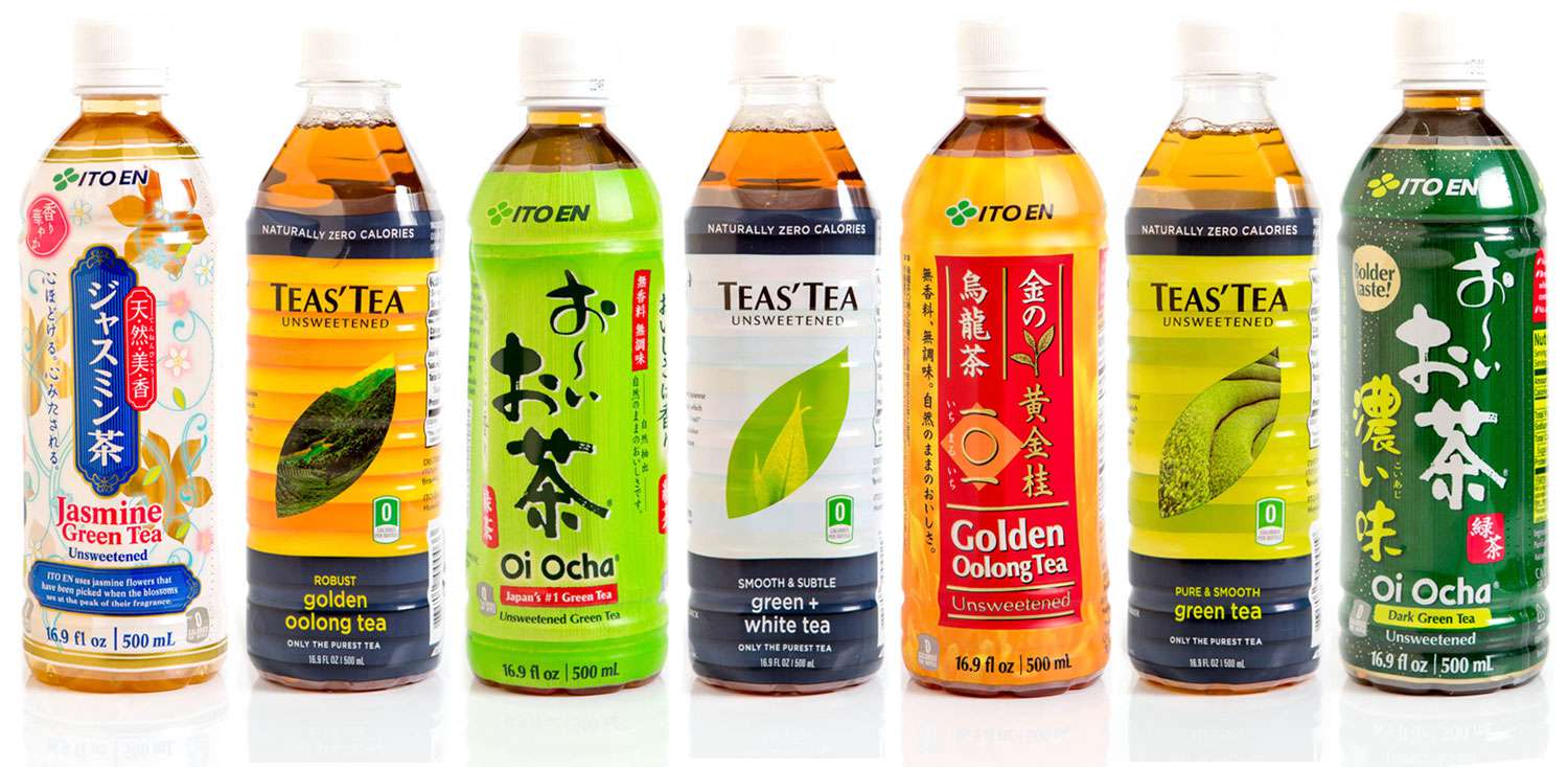 Seven assorted bottles of Japanese iced teas. 