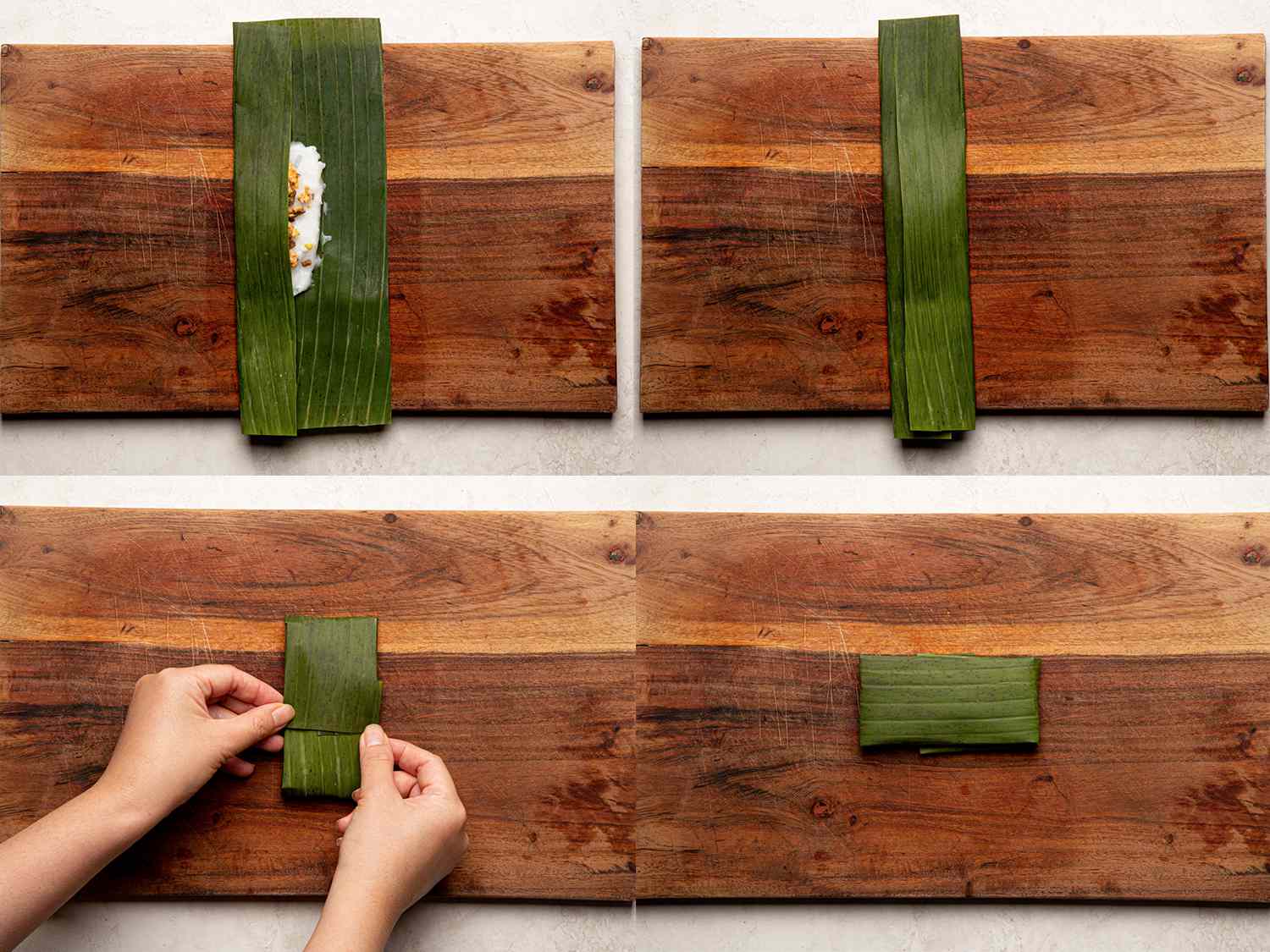 Four image collage showing an overhead view of how to fold rice packet: one side of the banana left folded to the middle of rice mixture, followed by the other side, then folding top and bottom to center, and flipping whole package over