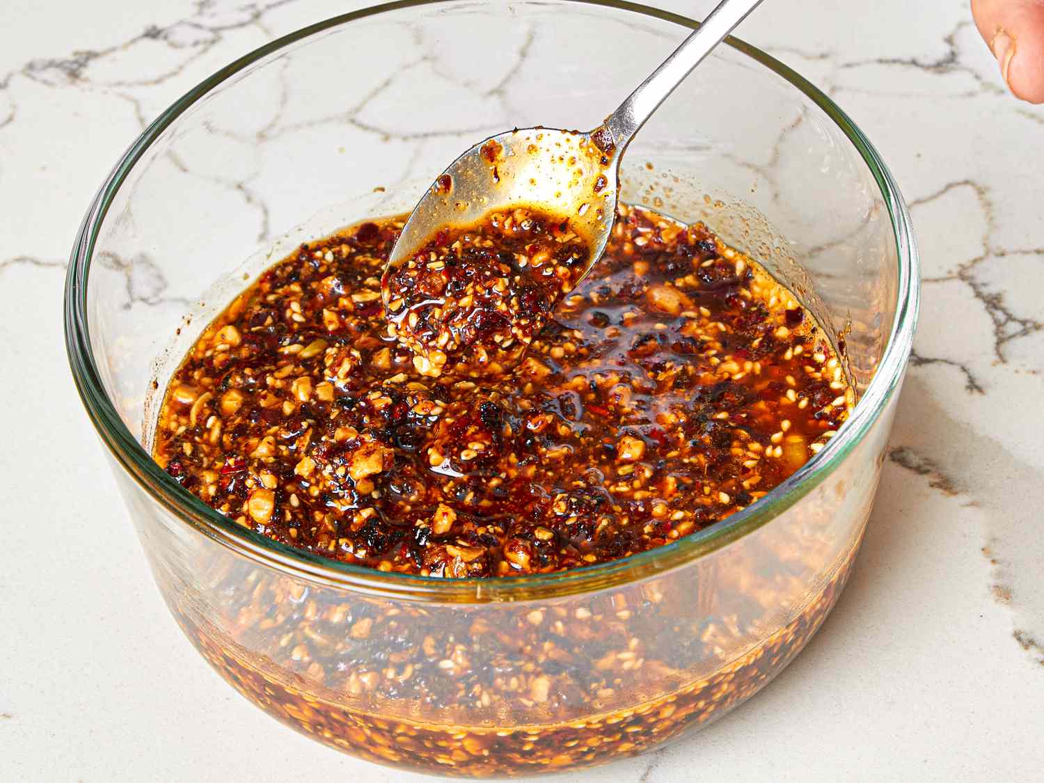 Overhead of spooning salsa matcha