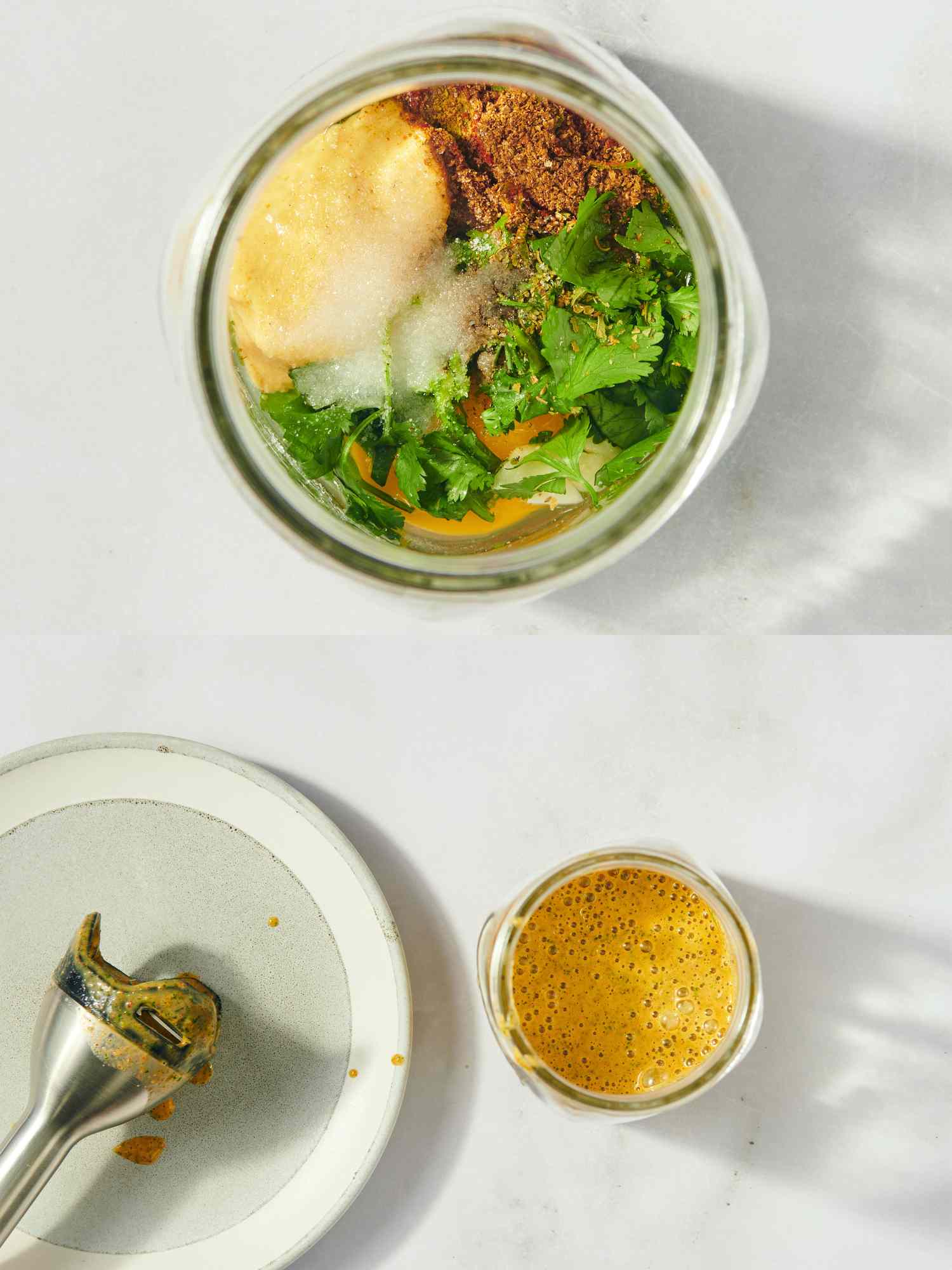 Two image collage of ingredients before and after being mixed