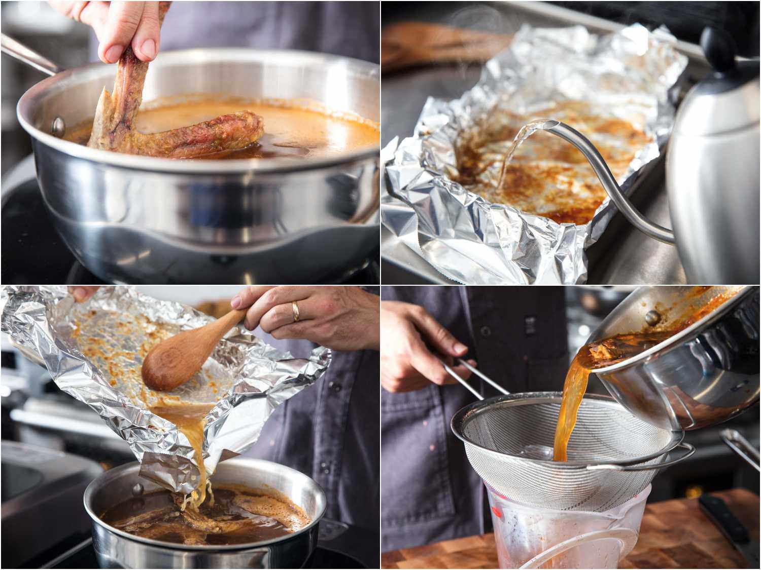 A collage showing the duck in a pot, deglazing a roasting pan with water, pouring the deglazed pan with brown bits into the pot, and straining stock