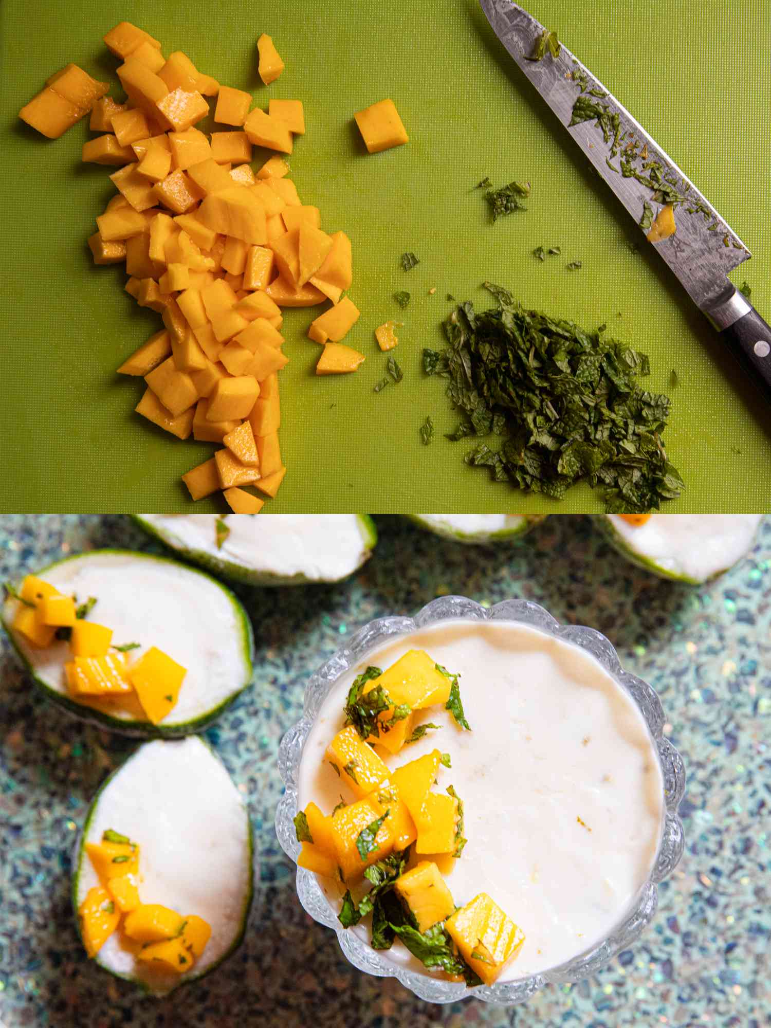 A two-image collage of cut up mangos and mint on a cutting board and the finished posset.