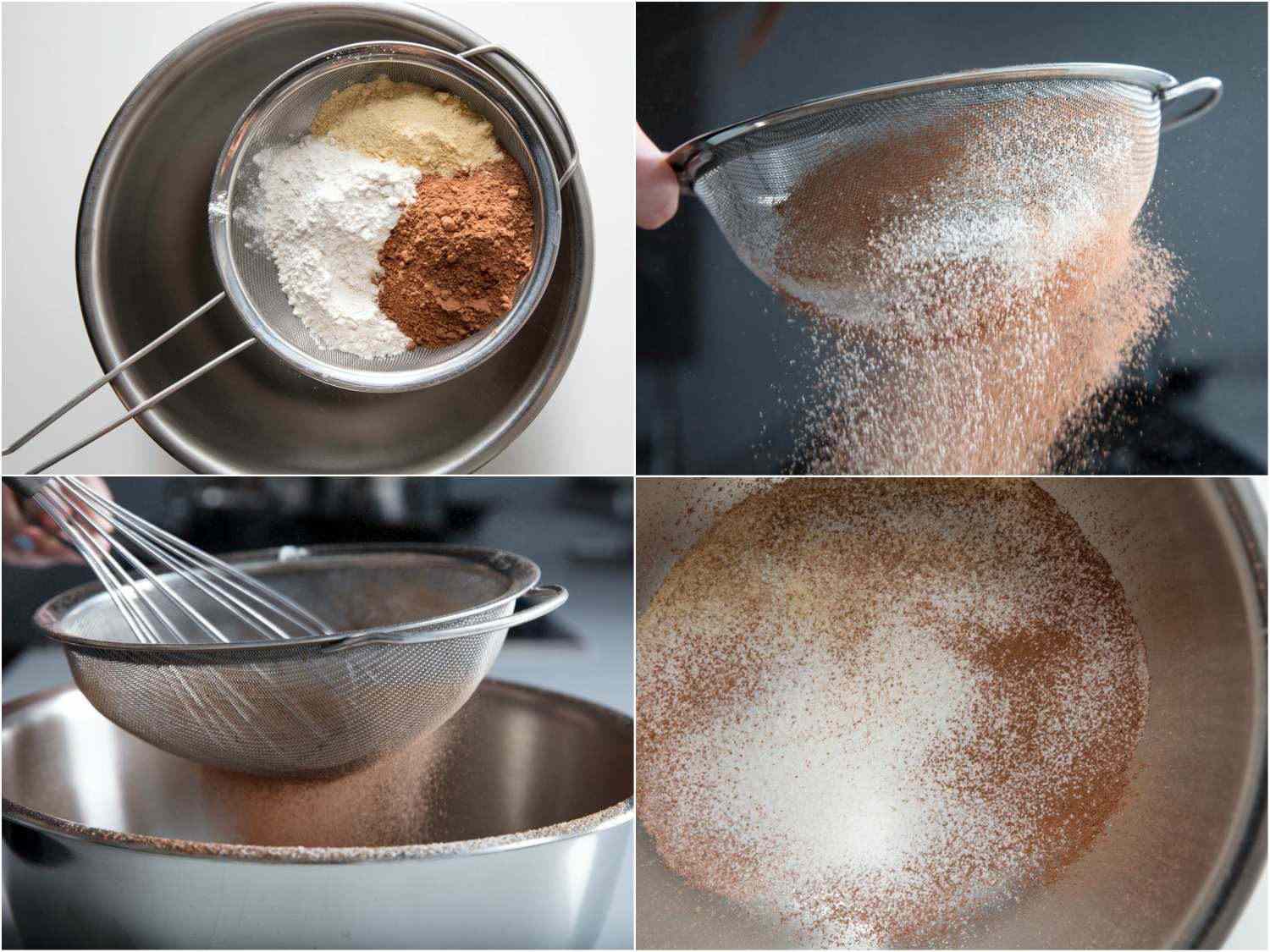 A collage of four images. The top left shows cocoa, flour, and malted milk powder in a strainer hanging over a mixing bowl. The top right shows the mixture is being sifted from the strainer. The bottom left shows a whisk tapping in the mixture to strain it through the strainer. The bottom right shows the mixture after being sifted in a bowl.