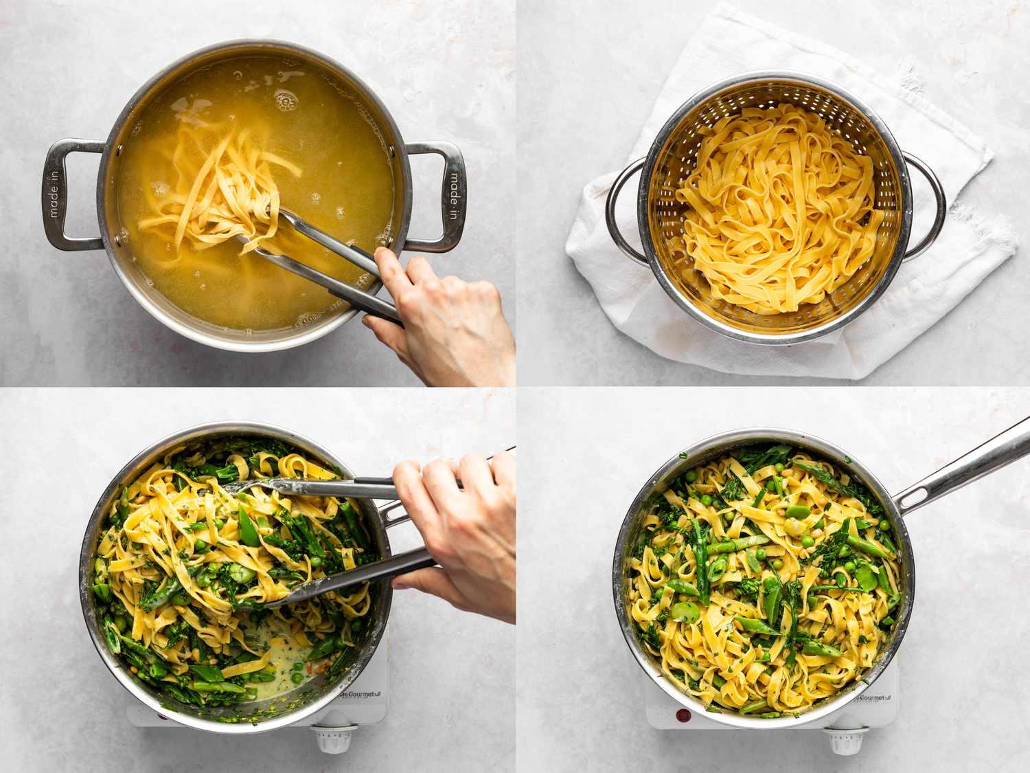 Pasta and water boiling inside pot, pasta draining, and pasta transferred to a pan with vegetables