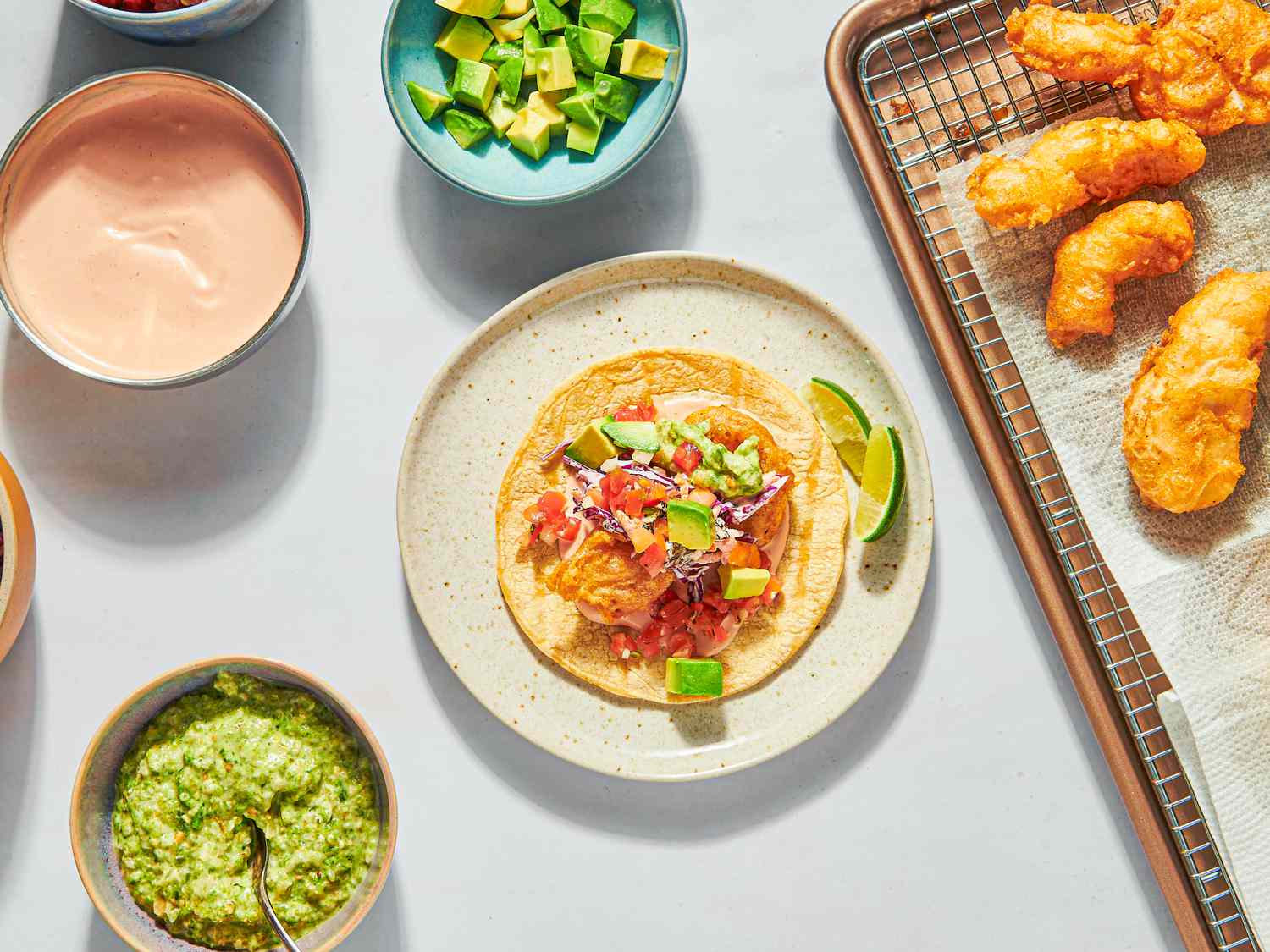 Overhead view assembling tacos 