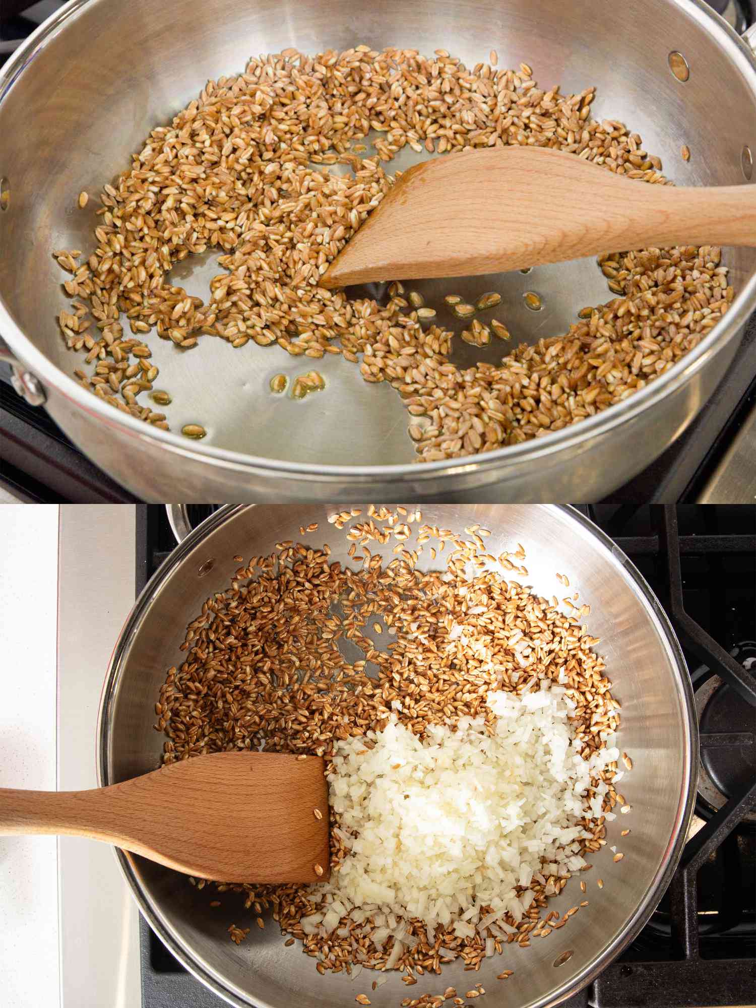 Two image collage of tossing farro and adding onions