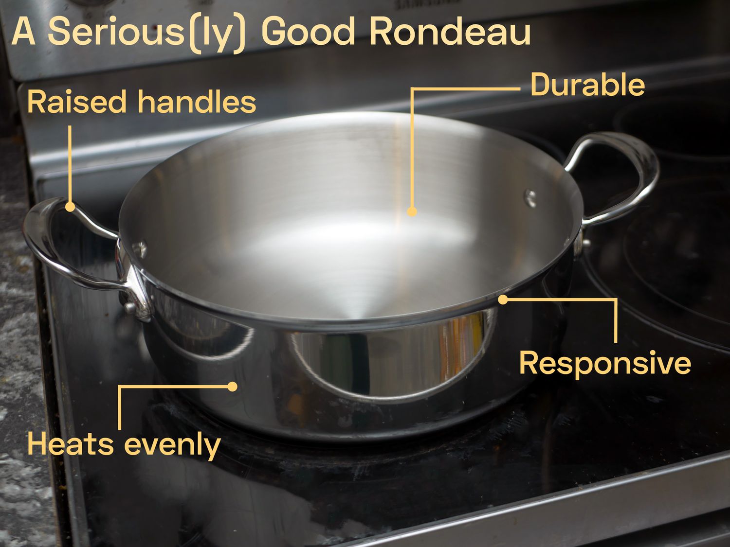 the mauviel rondeau on a glass stovetop with this copy overlaid: A seriously good rondeau; raised handles; durable; responsive; heats evenly