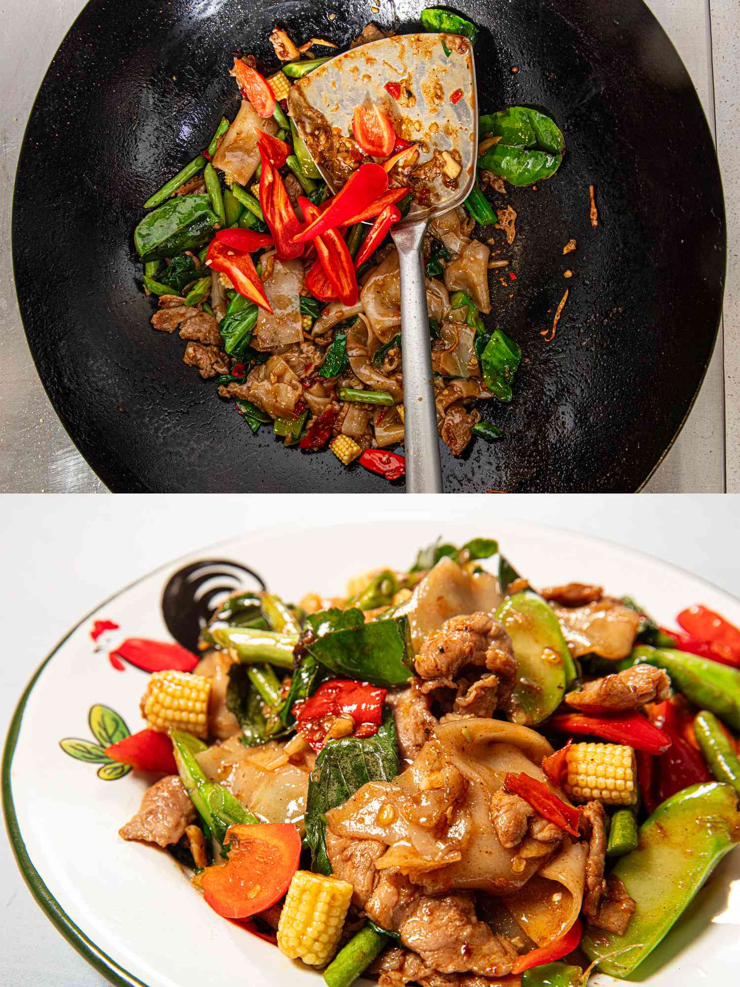 Overhead view of adding peppers and basil leaves off heat and plating pad kee mao