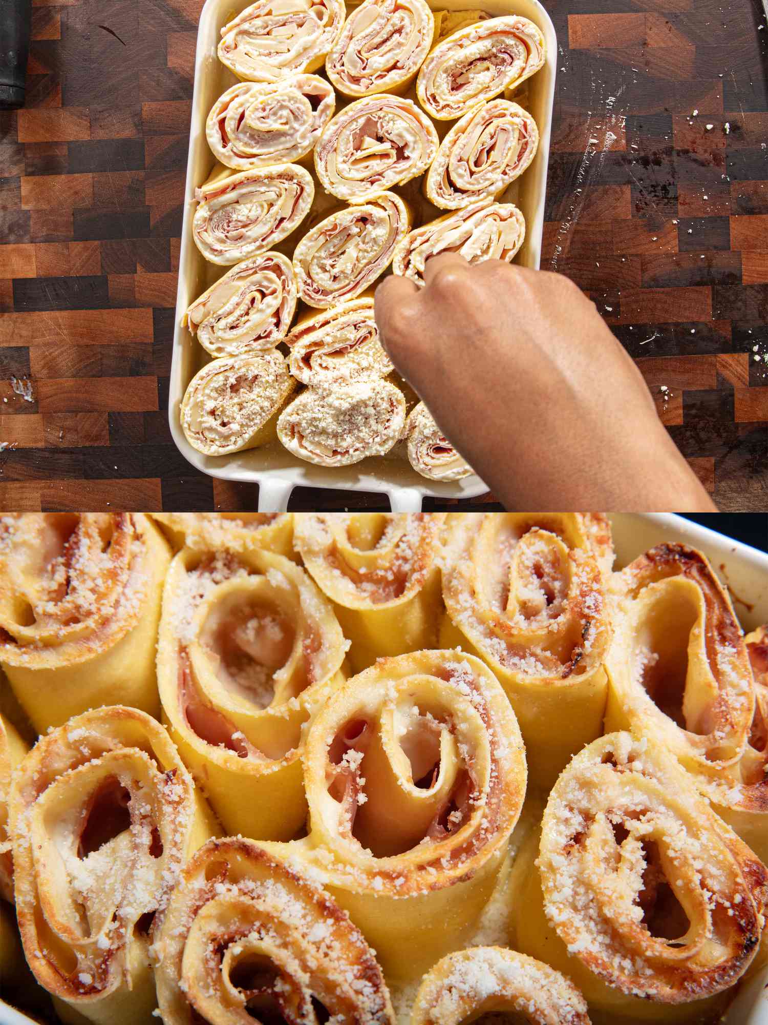 Two image collage of topping with cheese and finished rolls