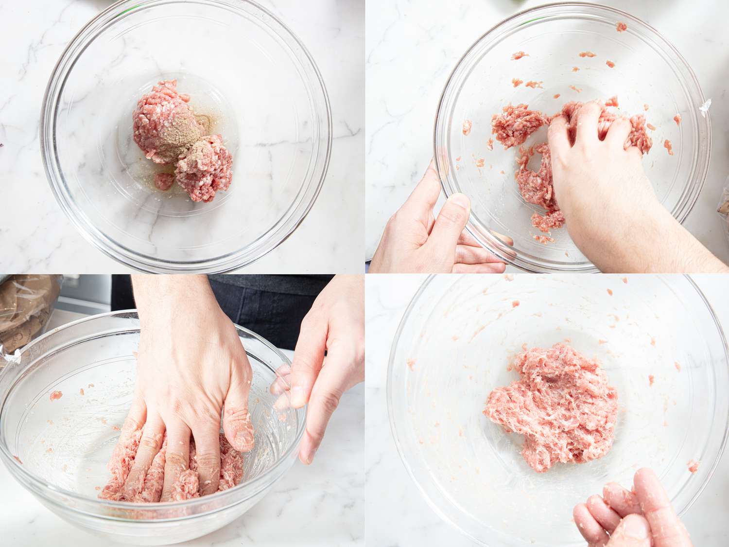 Four image collage of mixing pork into a sticky mixture