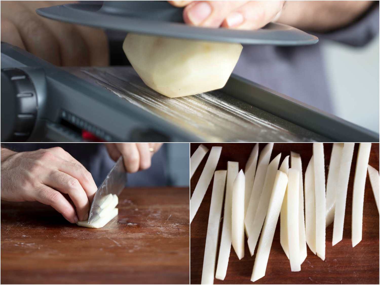 Process photos of cutting potato sticks for French fries with a basic slicer and knife: cutting even slabs on slicer, cutting slabs into sticks with a knife, finished sticks.