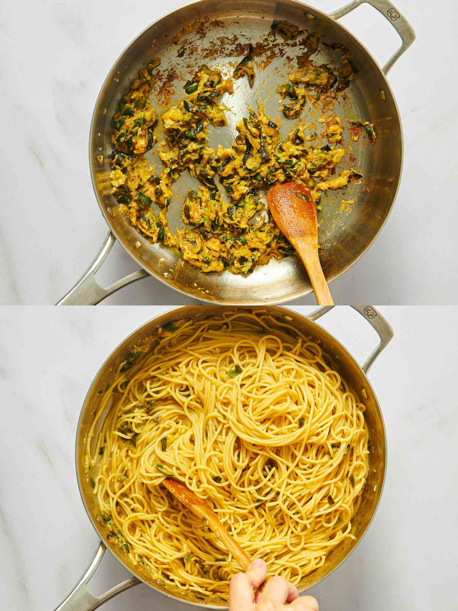 two image collage. Top: mashing zucchini in pan. Bottom: mixing pasta into pan 