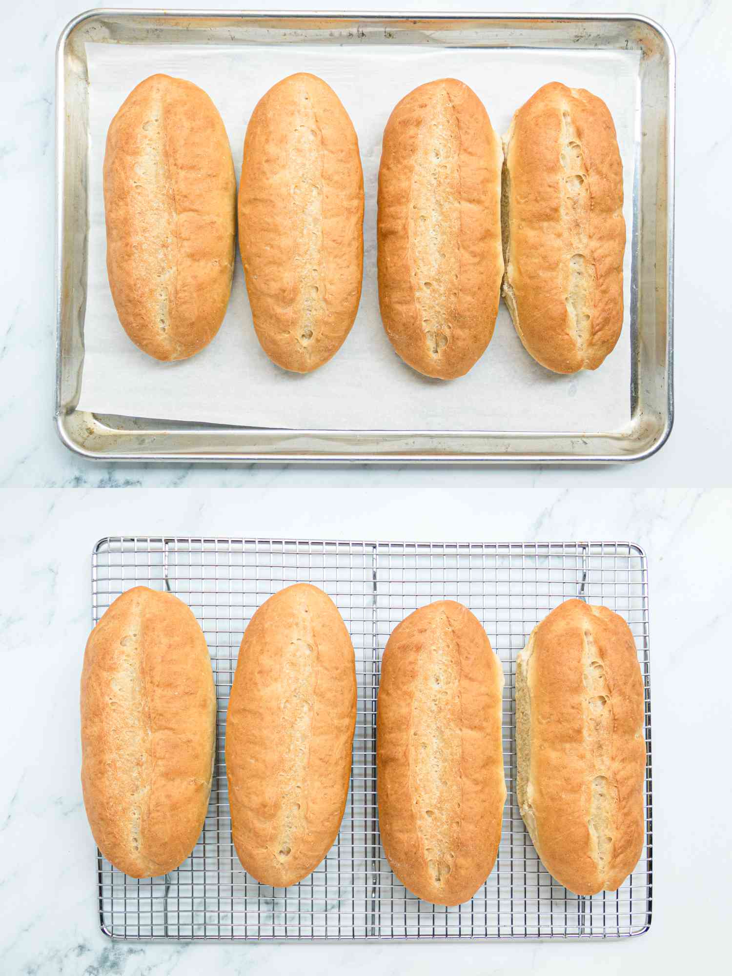 Two image collage of rolls out of oven and resting on wire rack