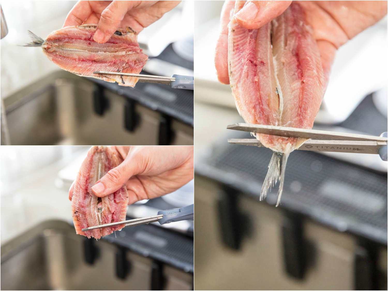 Three photos showing cleaning up the fresh sardine fillet by trimming the sides, the tail, and the top.