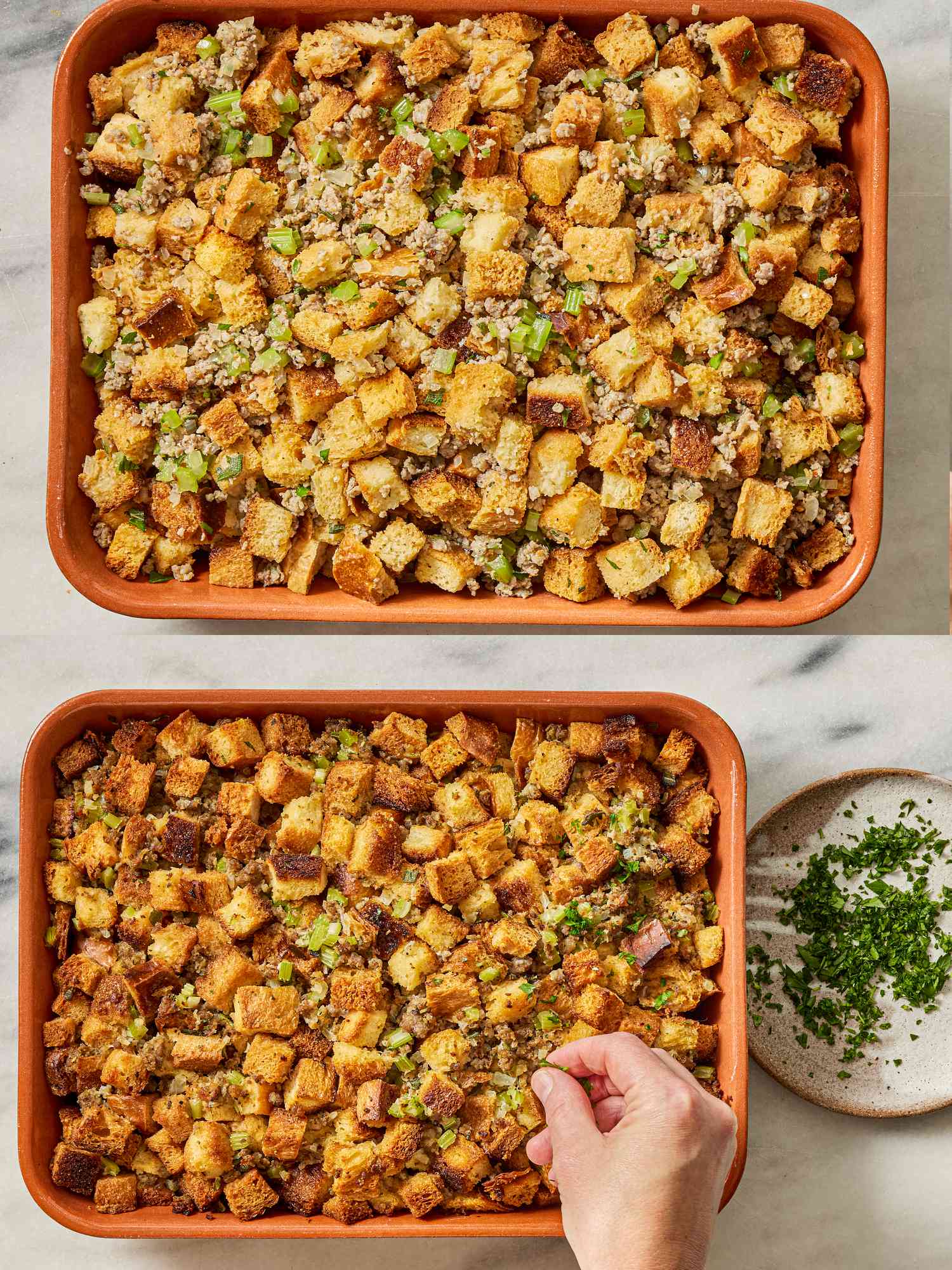 2 image collage. Top: stuffing in a rust colored baking dish on a marble surface.Bottom: Sprinkling stuffing with parsley 